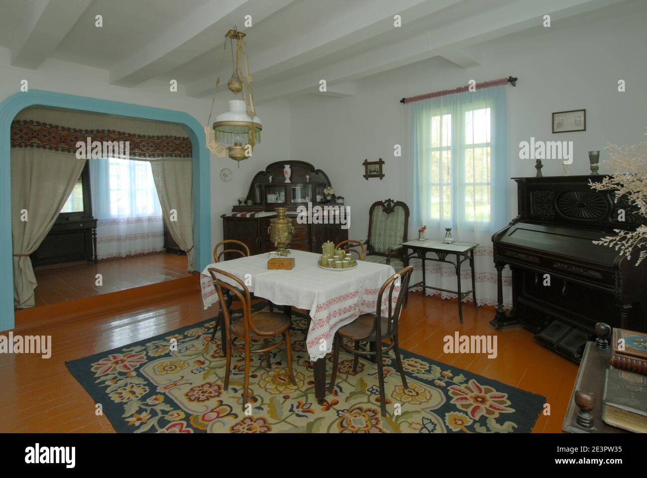 Living room in grey house. Lesya Ukrainka building in Kolodiazhne. Stock Photo