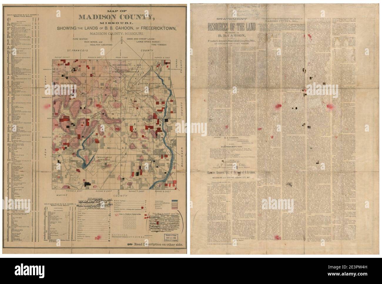 Map of Madison County, Missouri, showing the lands of B.B. Cahoon, of