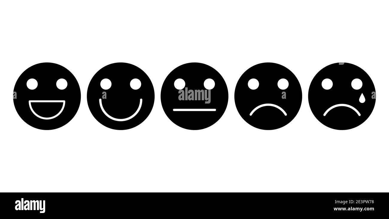 Emoji face black icon set. Customer rating satisfaction. 5 basic emotions for feedback survey. Happy, smile, neutral, sad, bad. Vector illustration is Stock Vector