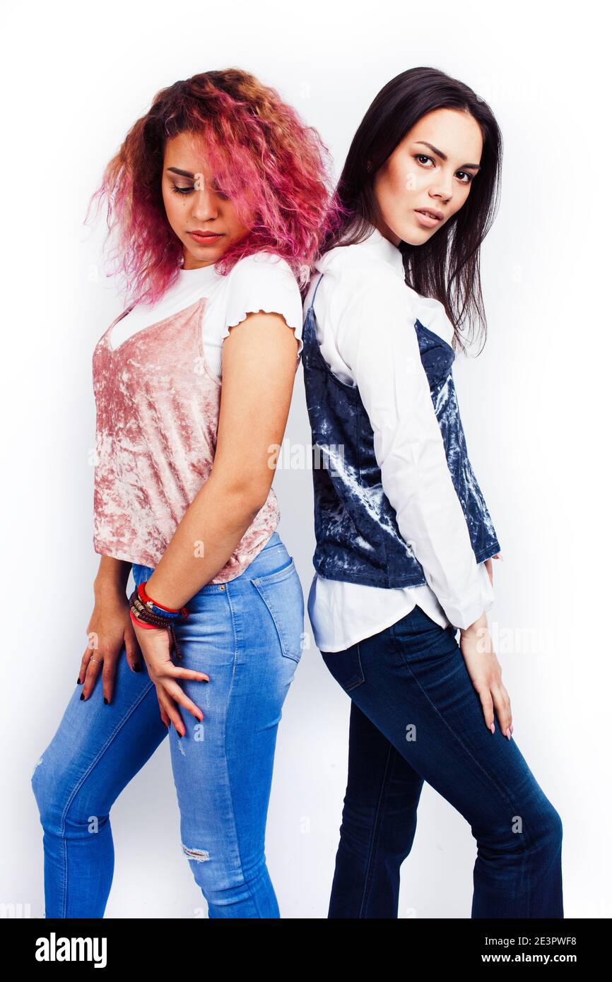 best friends diverse races teenage girls together having fun, asian and