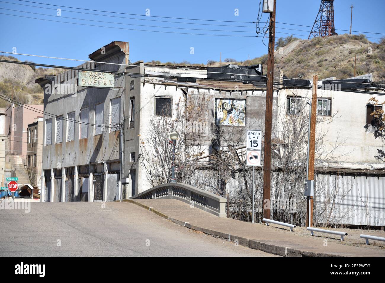 Miami, Arizona. U.S.A. 1/6/2021.  Arizona copper mining ghost-town: boom 1910 to bust 1950s.  Time, weather, fire and vandalism brought blight Stock Photo