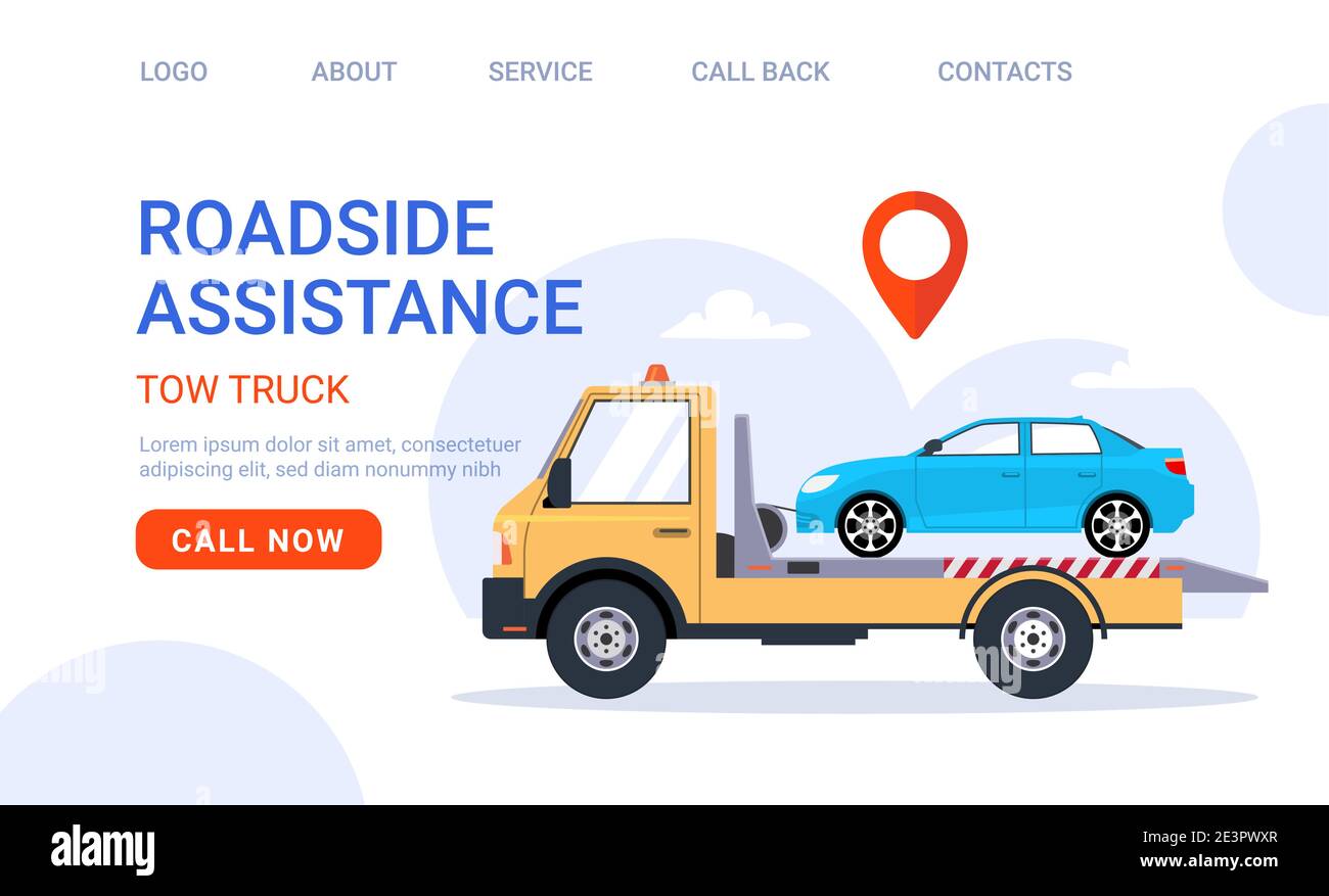 Car tow truck accident roadside assistance. Crash breakdown flatbed