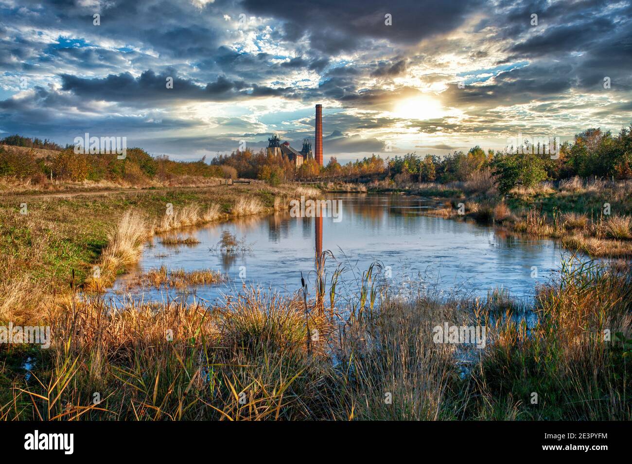 This is Pleasley Pit in Derbyshire, England.   Pleasley Pit was the oldest and deepest pit in the East Midlands coalfield. The first shafts at Pleasle Stock Photo