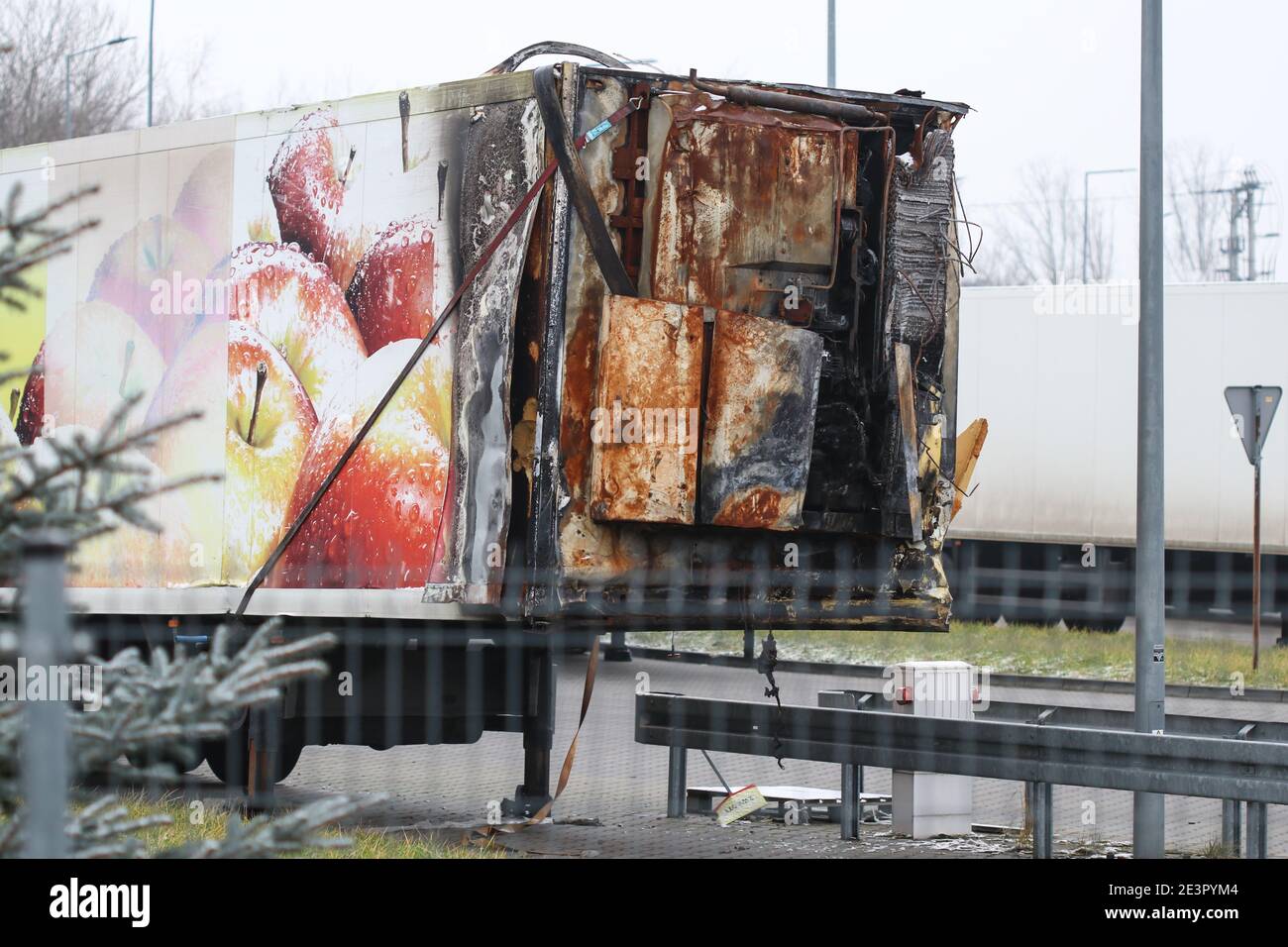 Refrigerated trailer burnt by cooling unit fire Stock Photo