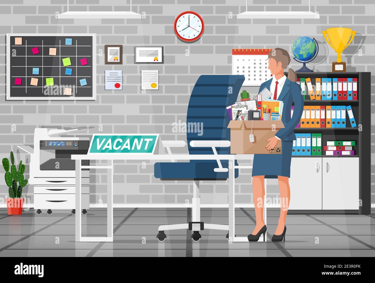 Office furniture, sign vacancy. Employee with box with office goods