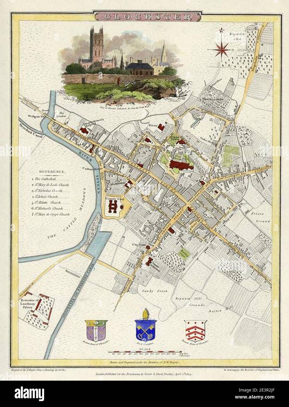 Map of Gloucester in 1805 engraved by J.Roper from a drawing by G.Cole. Stock Photo