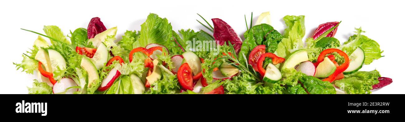 Mixed Salad with Avocado - Fresh Lettuce Panorama isolated on white Background Stock Photo