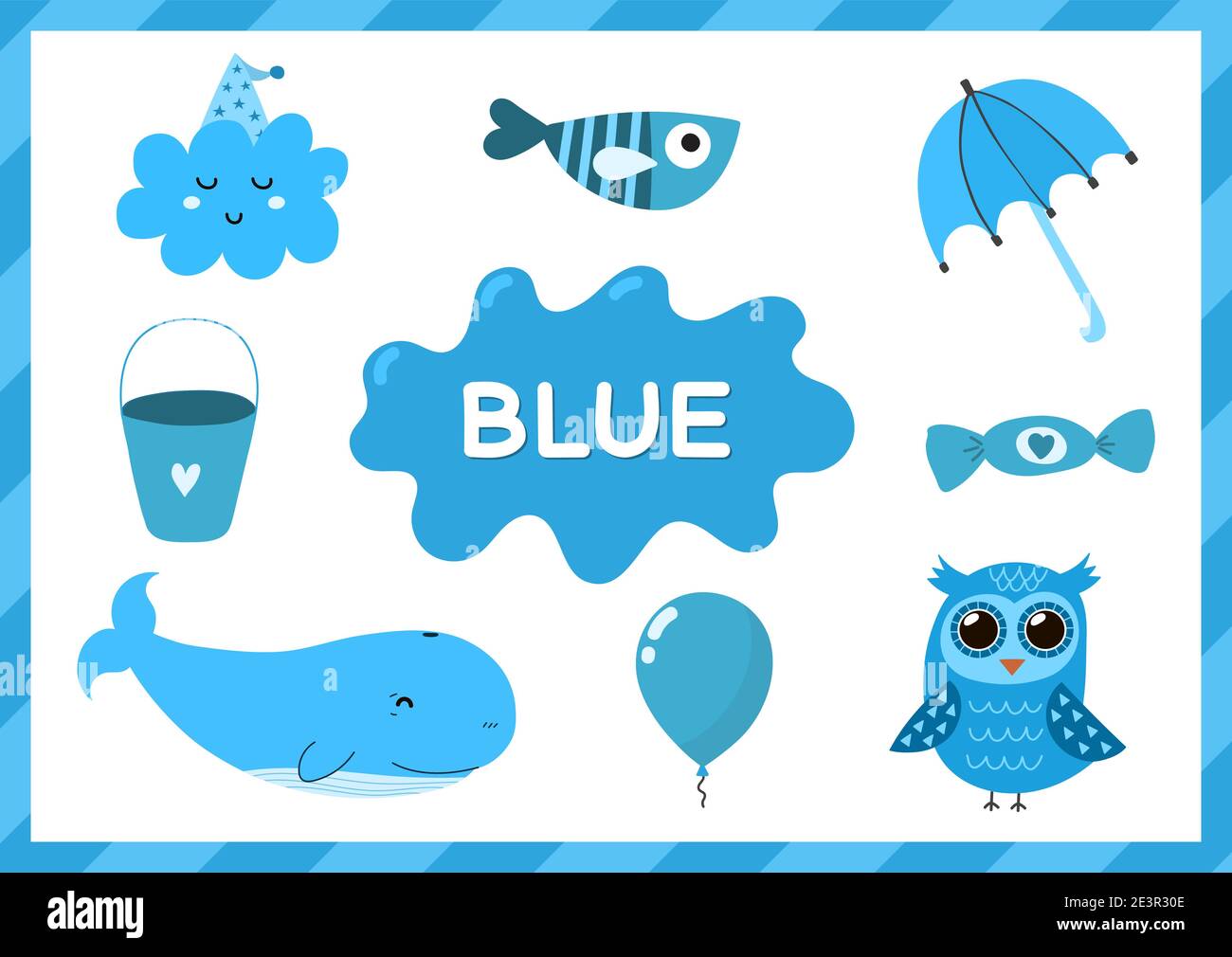 Blue. Educational worksheet for kids. Learning the color blue set Stock