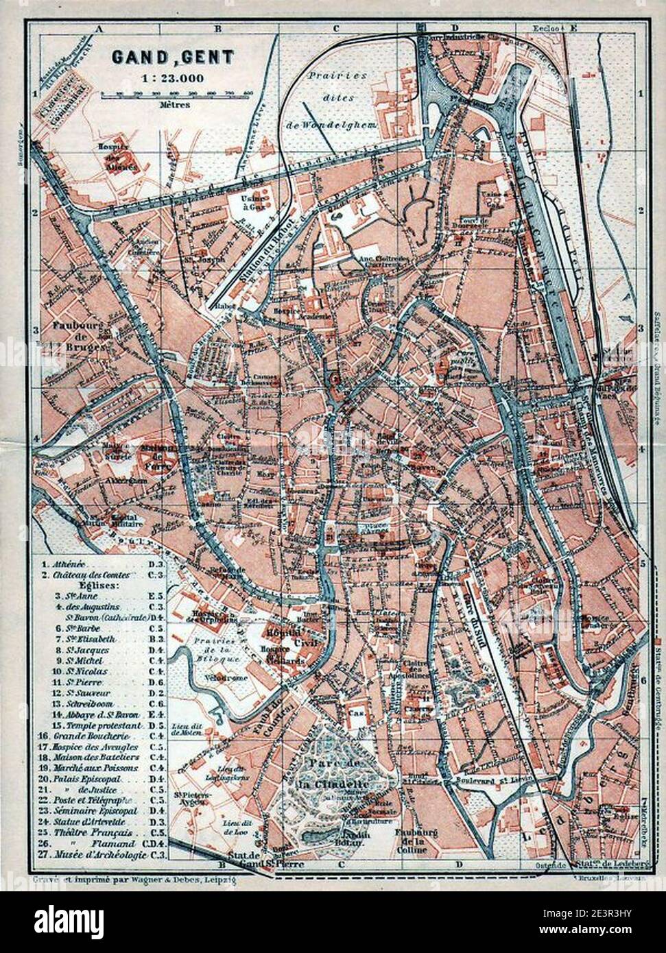 Map of Ghent by Wagner and Debes, 1904. Stock Photo