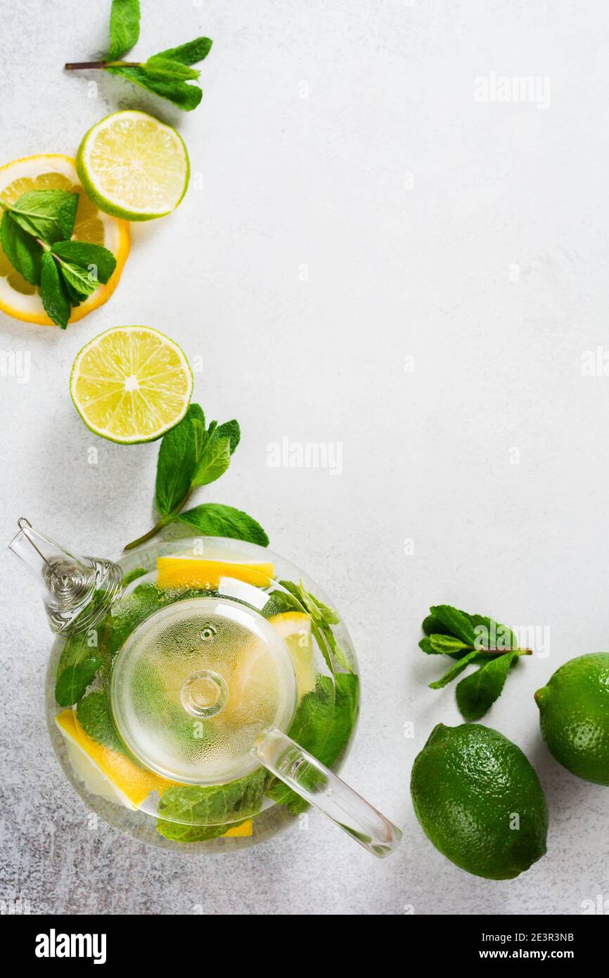 Culinary background for refreshing drinks lemonade, mojito or cold refreshing tea. Fresh lemon
