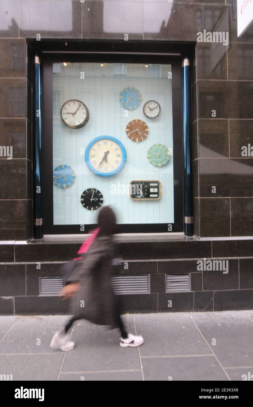Clocks, Gordon Street, Glasgow, Scotland, UK 5 Jul 2017. A shop window