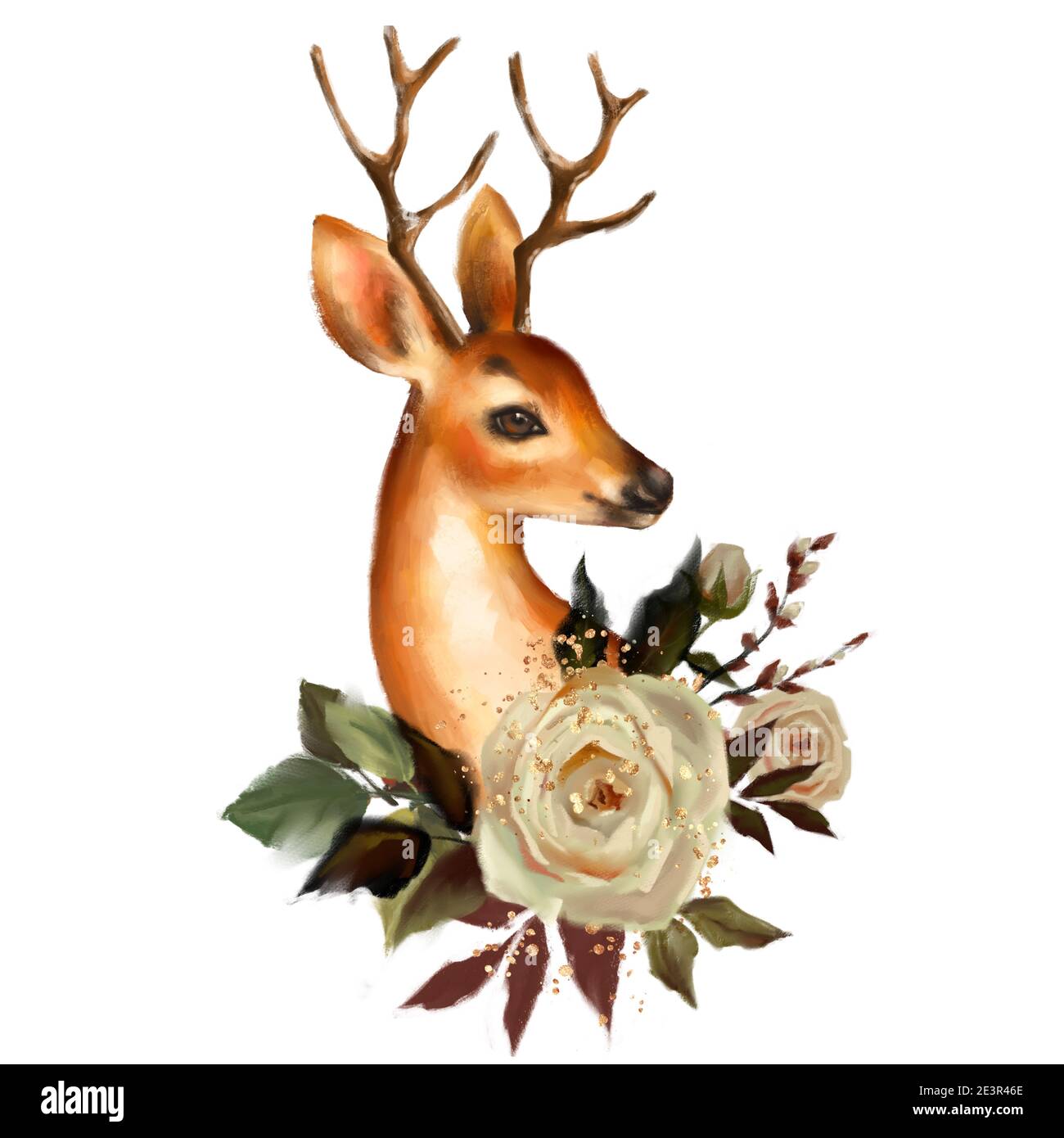 Deer and flowers. Cute illlustration Stock Photo