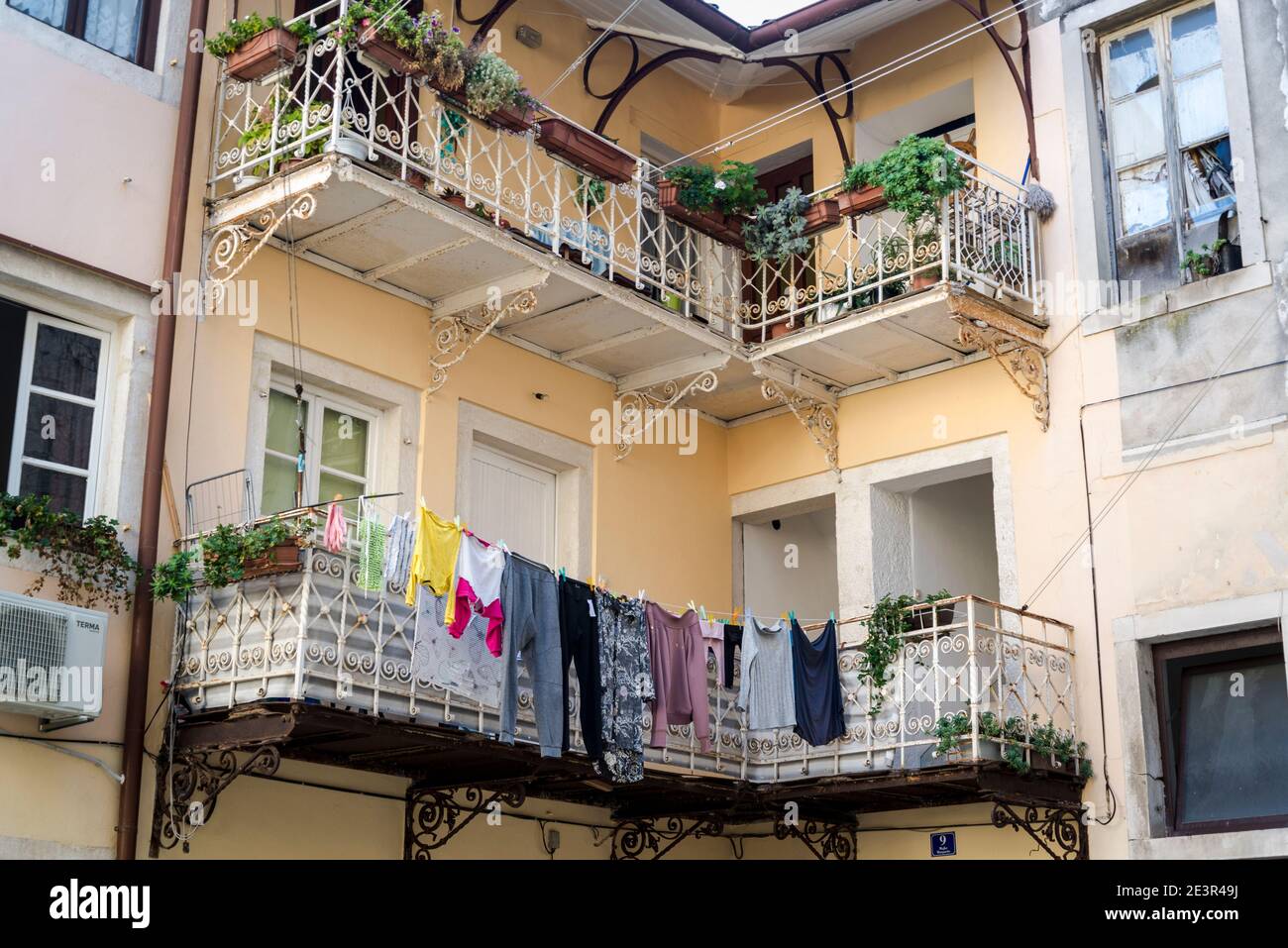 Laundry drying on washing line in a courtyard in the Old Town, Zadar