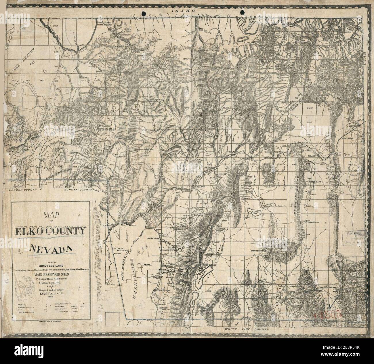 Map of Elko County, Nevada showing surveyed land, towns, mining