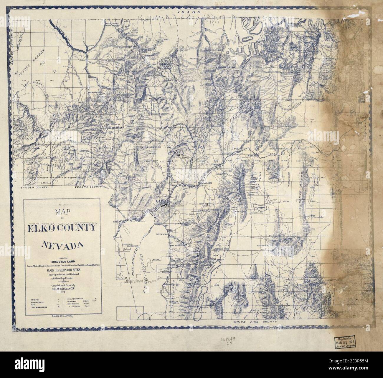 Map of Elko County, Nevada showing surveyed land, towns, mining