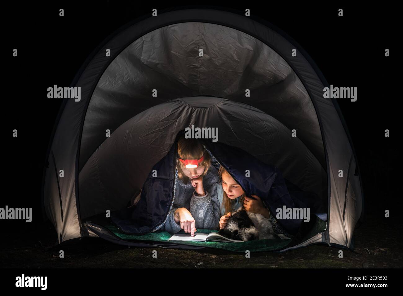 Preteen girls laying in a camping tent wrapped in a sleeping bag reading a  book with flashlight at night during summer holidays Stock Photo - Alamy