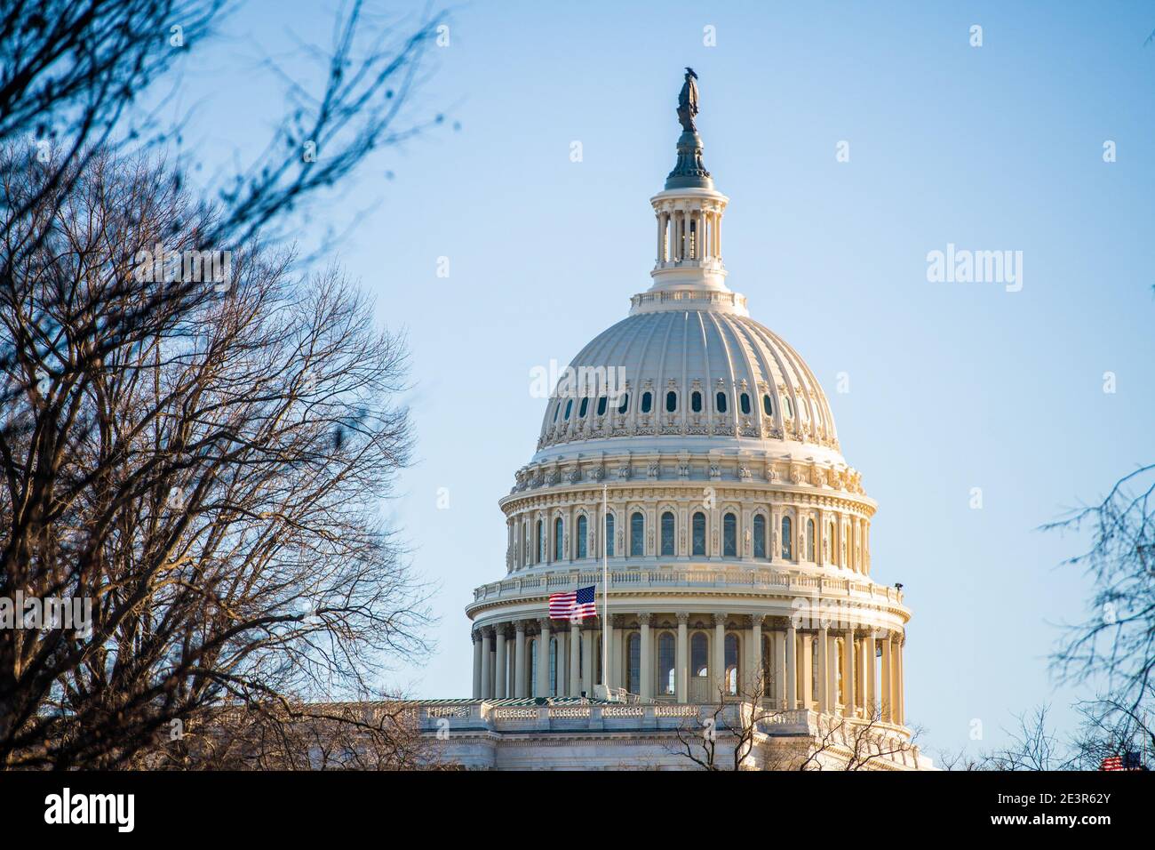 WASHINGTON D.C., JANUARY 19- A general view of the Capitol Building surrounded by fences on the Eve the United States Presidential Inauguration of Joe Biden on January 19, 2021 in Washington D.C. Photo: Chris Tuite/ImageSPACE Stock Photo