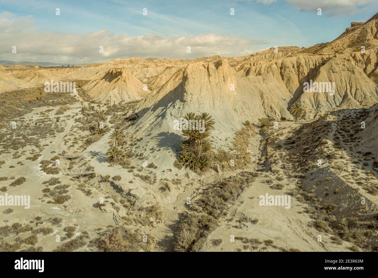 drone Aerial view of Tabernas desert landscape in Andalusia Almeria Spain Only desert in Europe Stock Photo