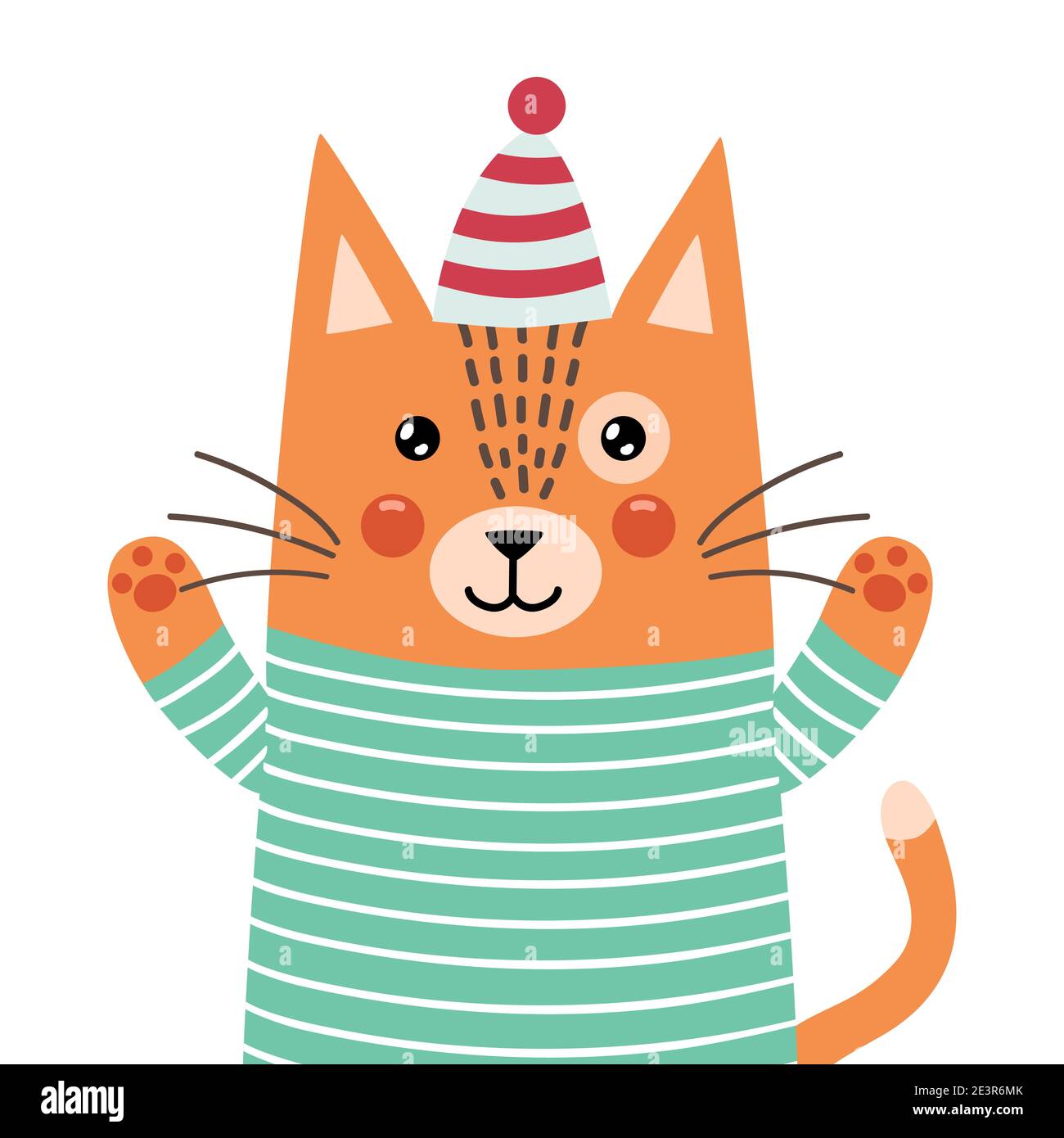 Cute ginger cat in pajamas says hello. Feline character isolated element Stock Vector