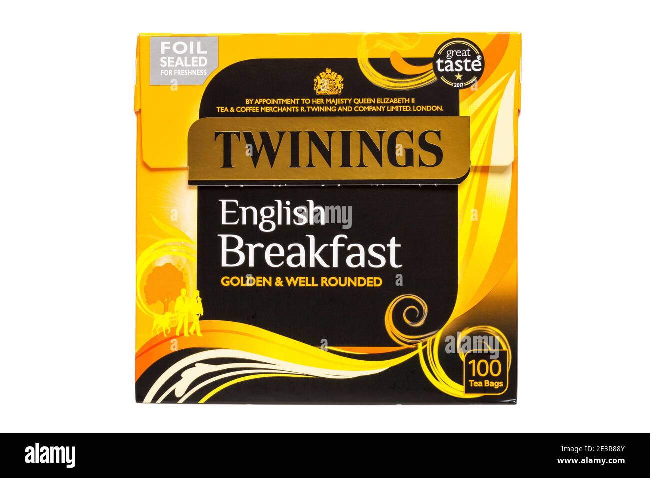 Box of Twinings English Breakfast tea bags golden & well rounded isolated on white background