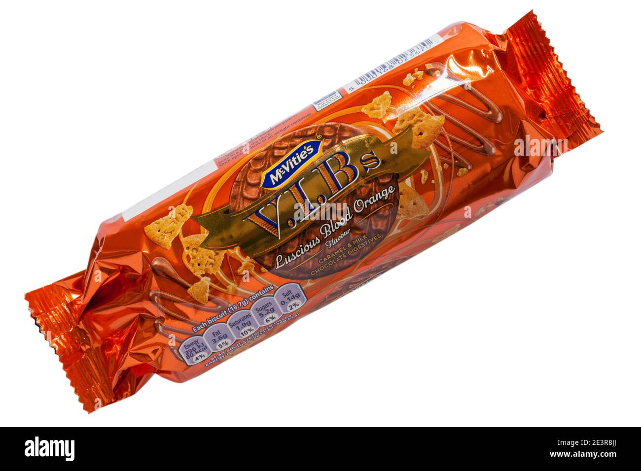 Packet of McVities V.I.Bs Luscious Blood Orange flavour biscuits isolated on white background - caramel & milk chocolate digestives Stock Photo