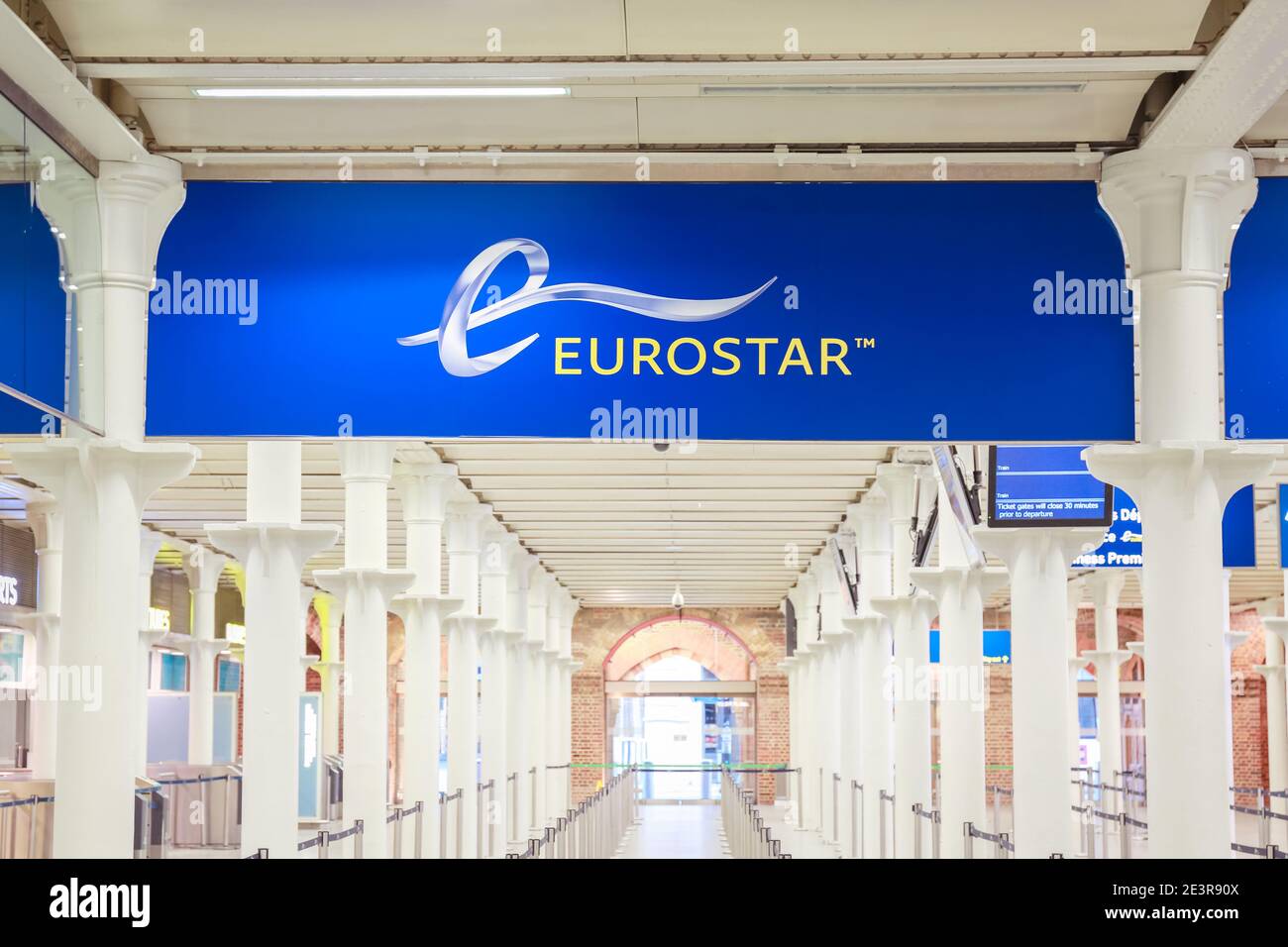 London, UK. 19 Jan 2021. Eurostar logo and an empty terminal due to lockdown at St Pancras International. Credit: Waldemar Sikora Stock Photo
