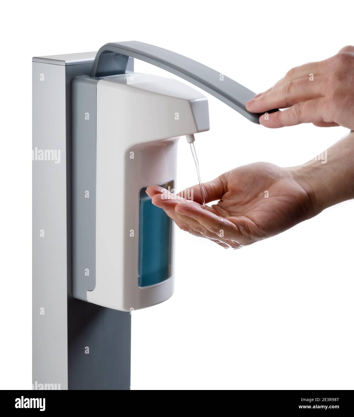 Use of a disinfectant dispenser with one hand pumping and one hand