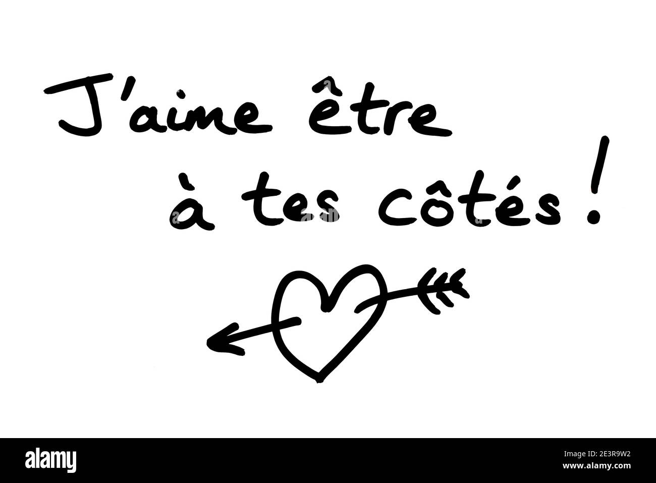 Jaime etre a tes cotes! - meaning I Love being By Your Side, in the French language, and a heart illustration, handwritten on a white background. Stock Photo