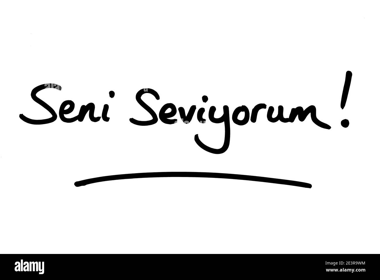 Seni Seviyorum! - meaning I Love You, in the Turkish language, handwritten on a white background. Stock Photo