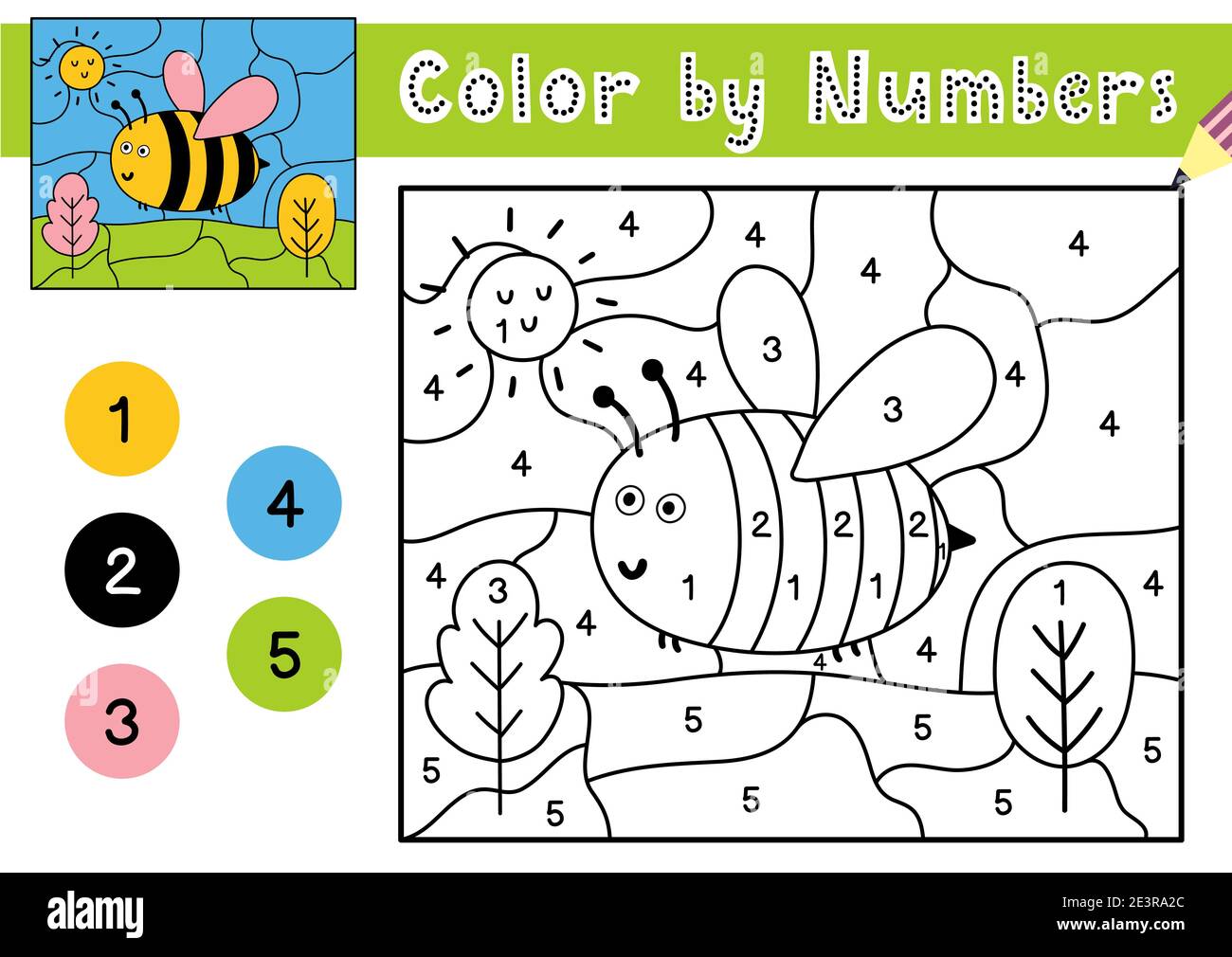 Color by number game for kids. Coloring page with a cute bee. Printable