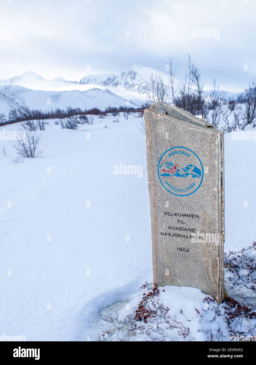 Sign at entrance to The Rondane National Park, Norway in winter Stock Photo