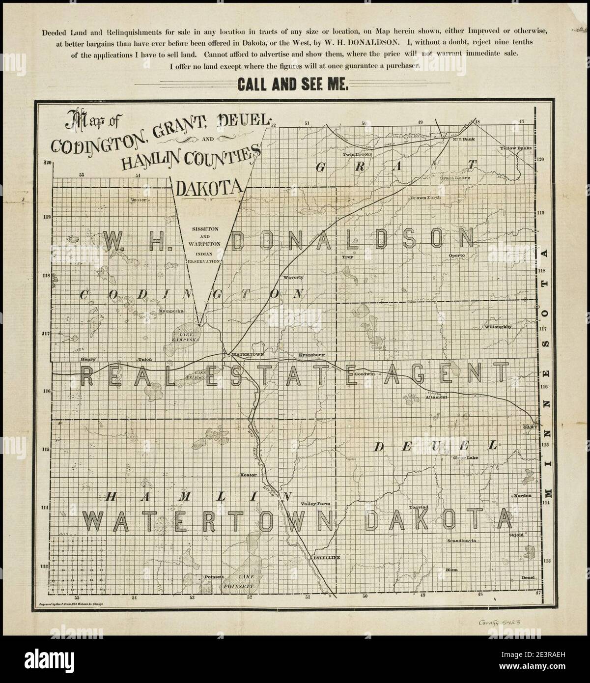 Map of Codington, Grant, Deuel, and Hamlin counties Dakota Stock Photo