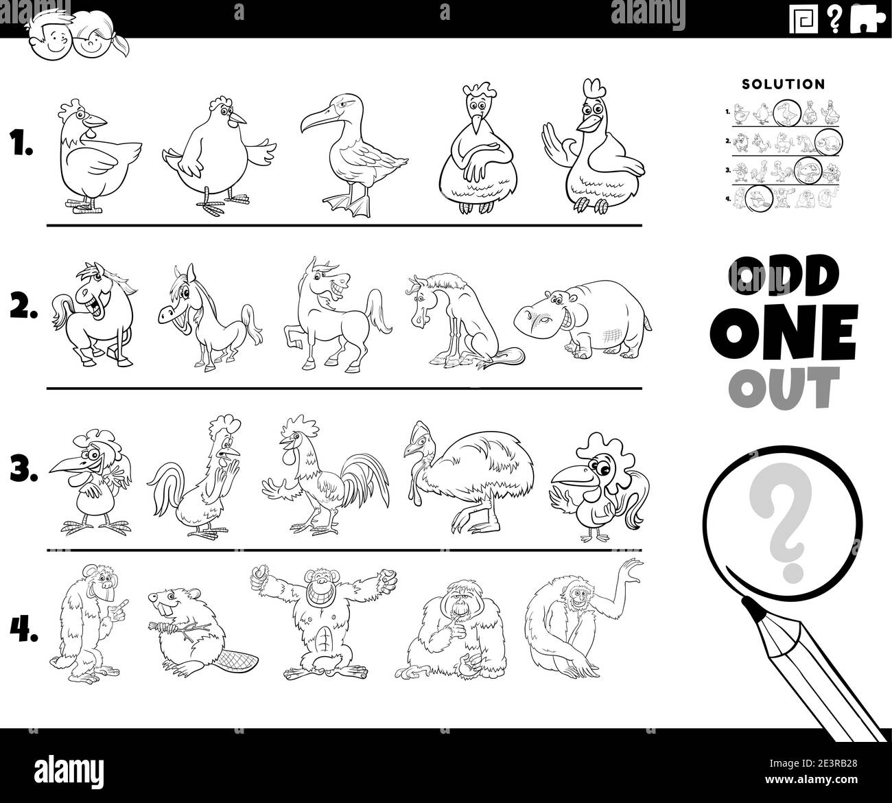 Black And White Cartoon Illustration Of Odd One Out Picture In A Row Educational Game For Elementary Age Or Preschool Children With Animal Characters Stock Vector Image Art Alamy