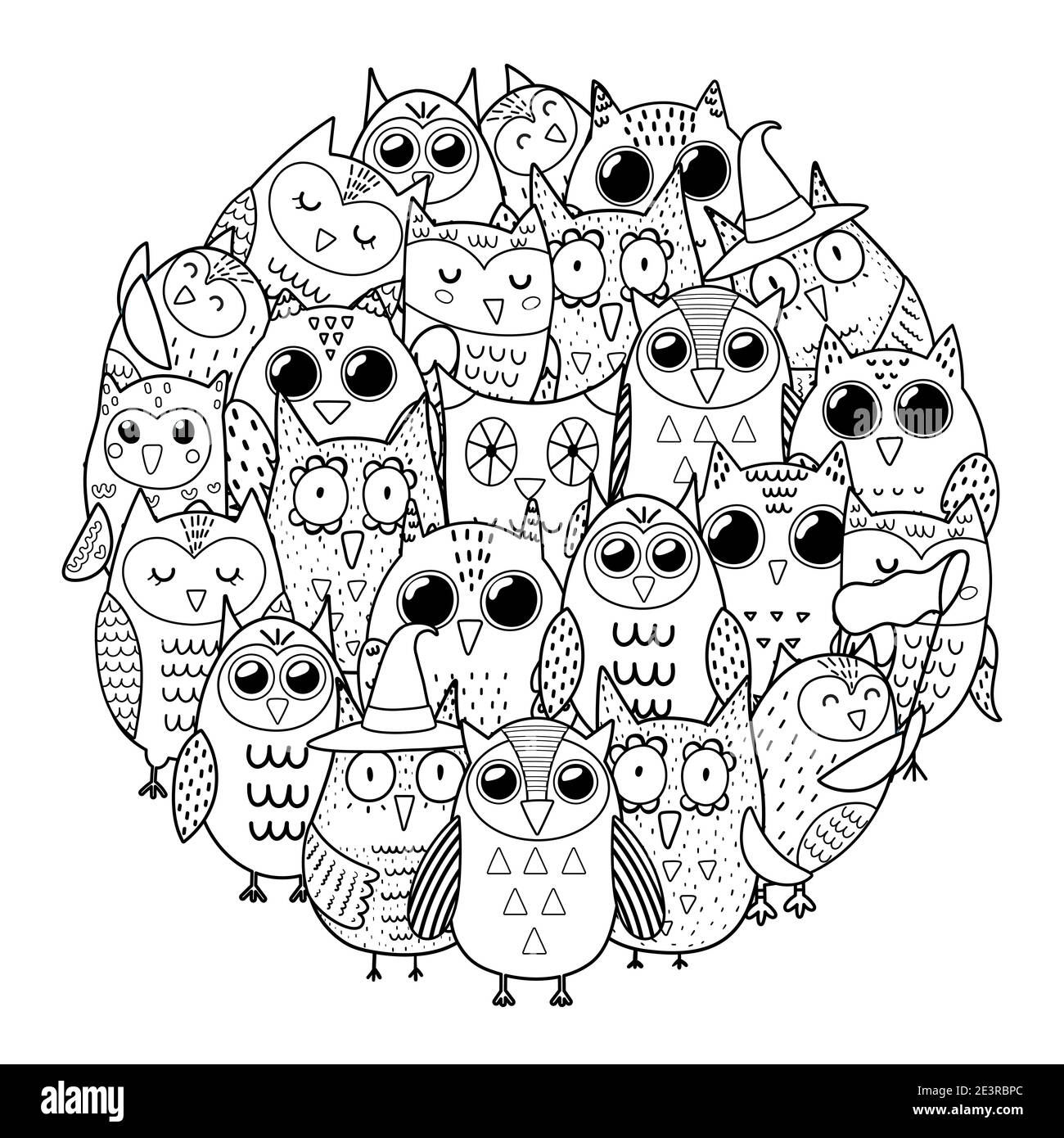 Circle shape coloring page with owls. Black and white print for
