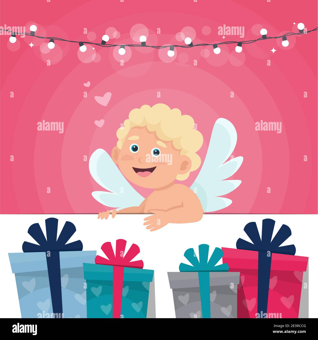 Valentine’s day greeting card with cute cupid and present. Vector ...