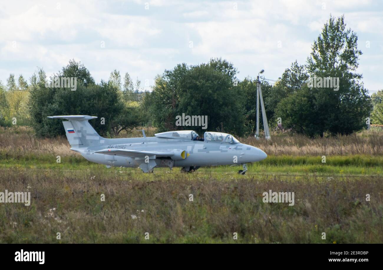 September 12, 2020, Kaluga region, Russia. The Aero L-29 Delfin training aircraft performs a training flight at the Oreshkovo airfield. Stock Photo