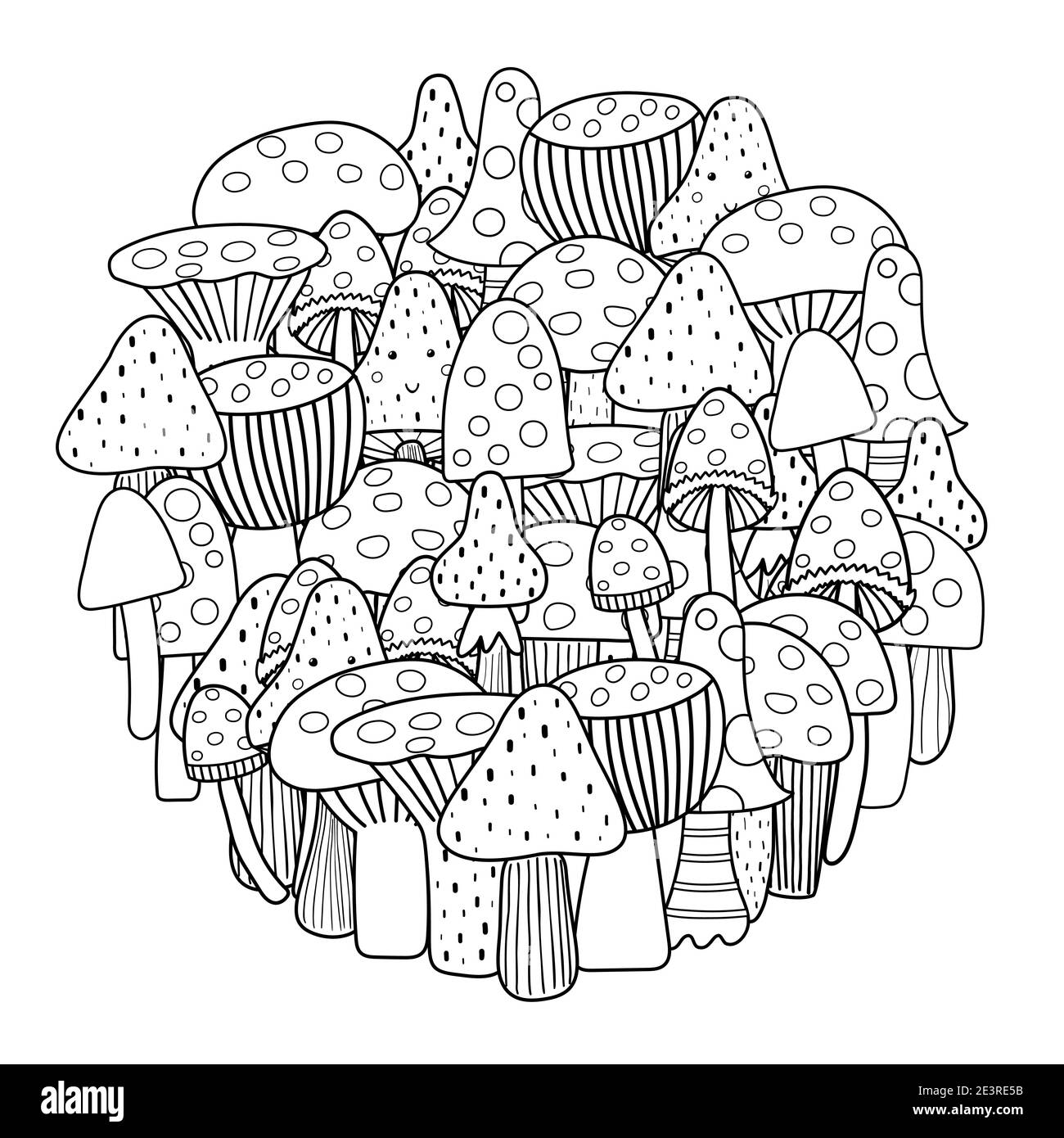Circle shape coloring page with mushrooms. Black and white cute print Stock Vector