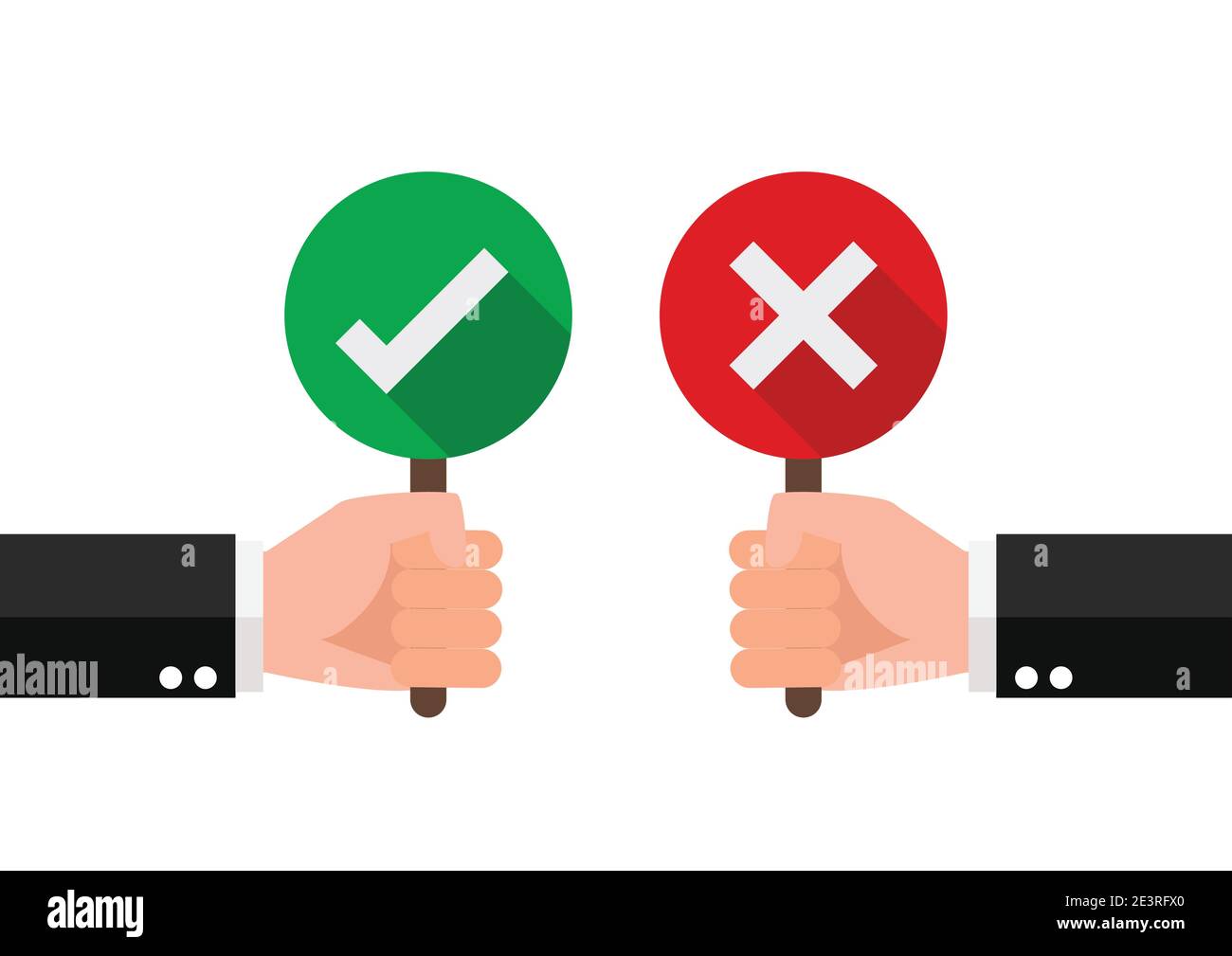 Hand hold signboard green check mark and red cross mark. Right and Wrong for feedback. Sign icon concept. vector illustration. Stock Vector