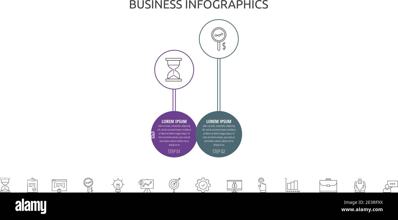 Circles vector line infographic with 2 step, icons. Timeline used for ...