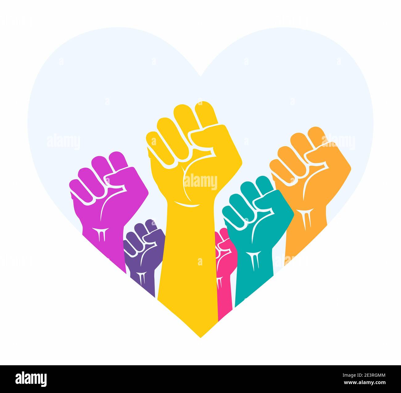 Racially-diverse people's hands with fists raised in the air inside a heart shape. Symbol of love and unity. Diversity, community and solidarity icon. Stock Vector