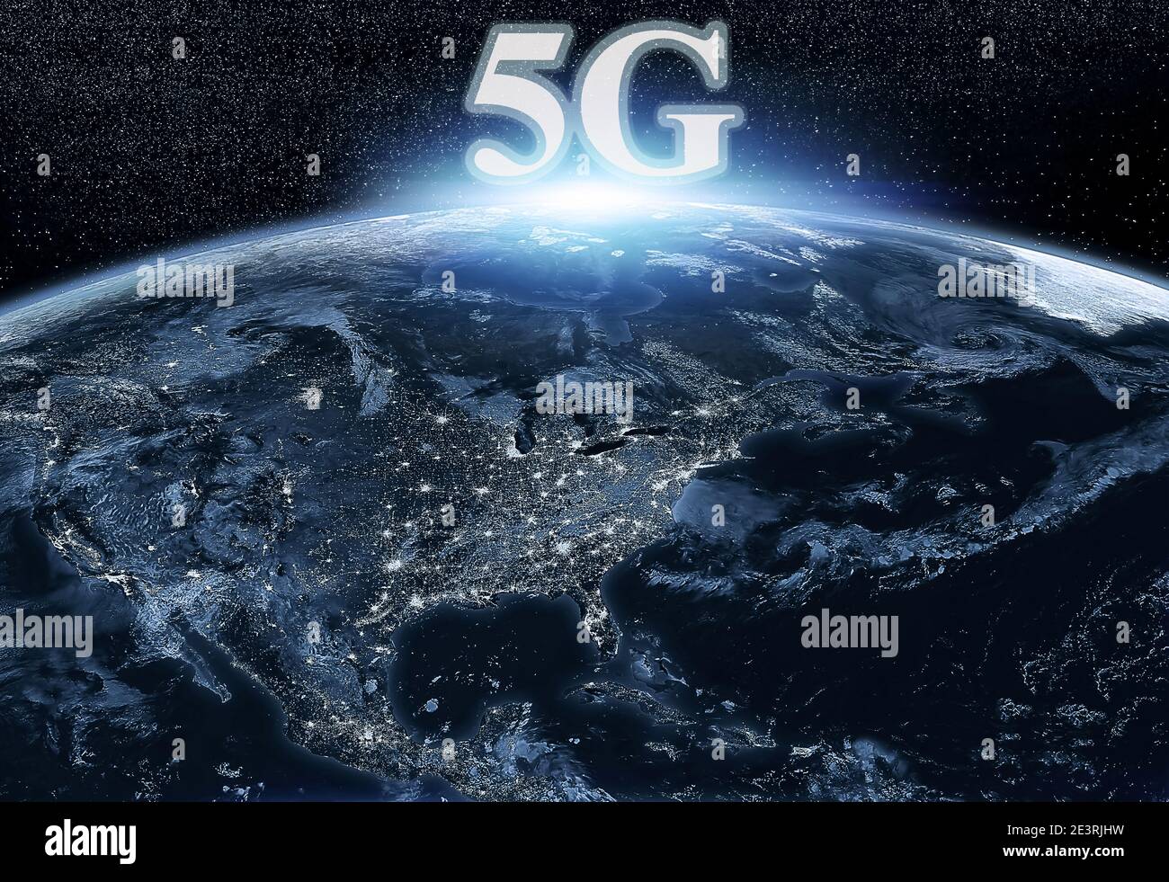 5G global network connection. World map concept. Dark blue background Stock Photo