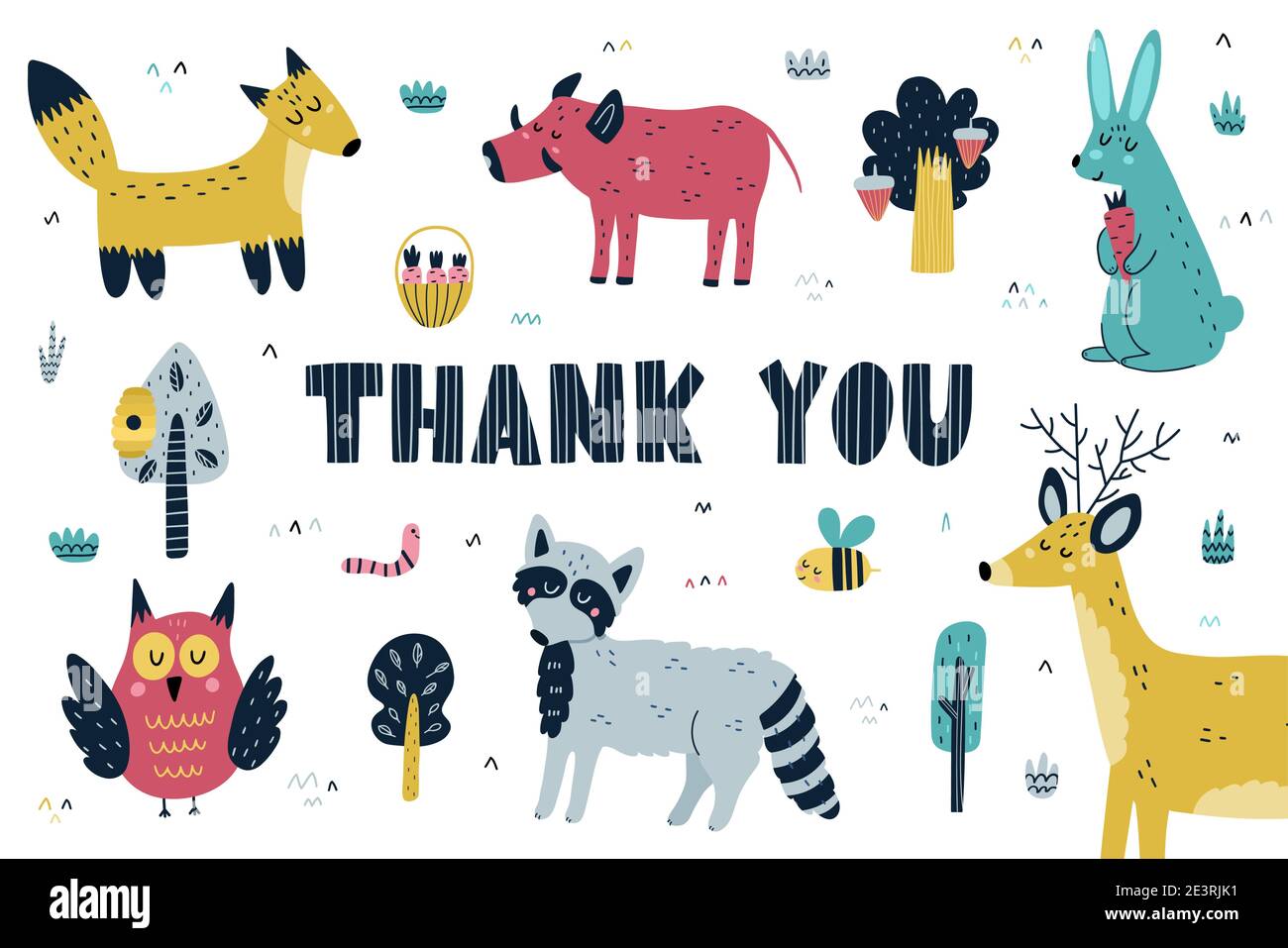 Thank you card with cute forest animals. Woodland characters background Stock Vector