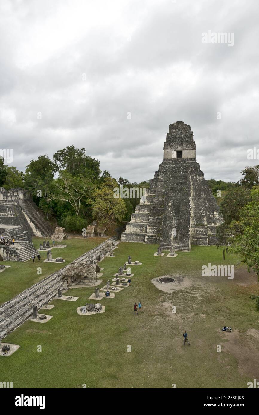 Tikal, Guatemala: National Park, UNESCO World Heritage. Grand Plaza with the North Acropolis and Temple/pyramid I (Great Jaguar Temple) Stock Photo