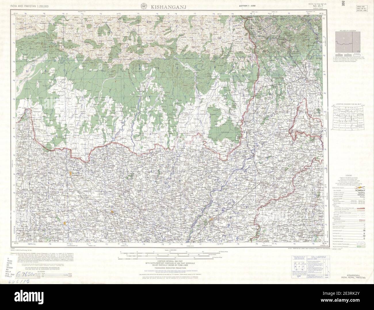 Map India and Pakistan 1-250,000 Tile NG 45-7 Kishanganj. Stock Photo