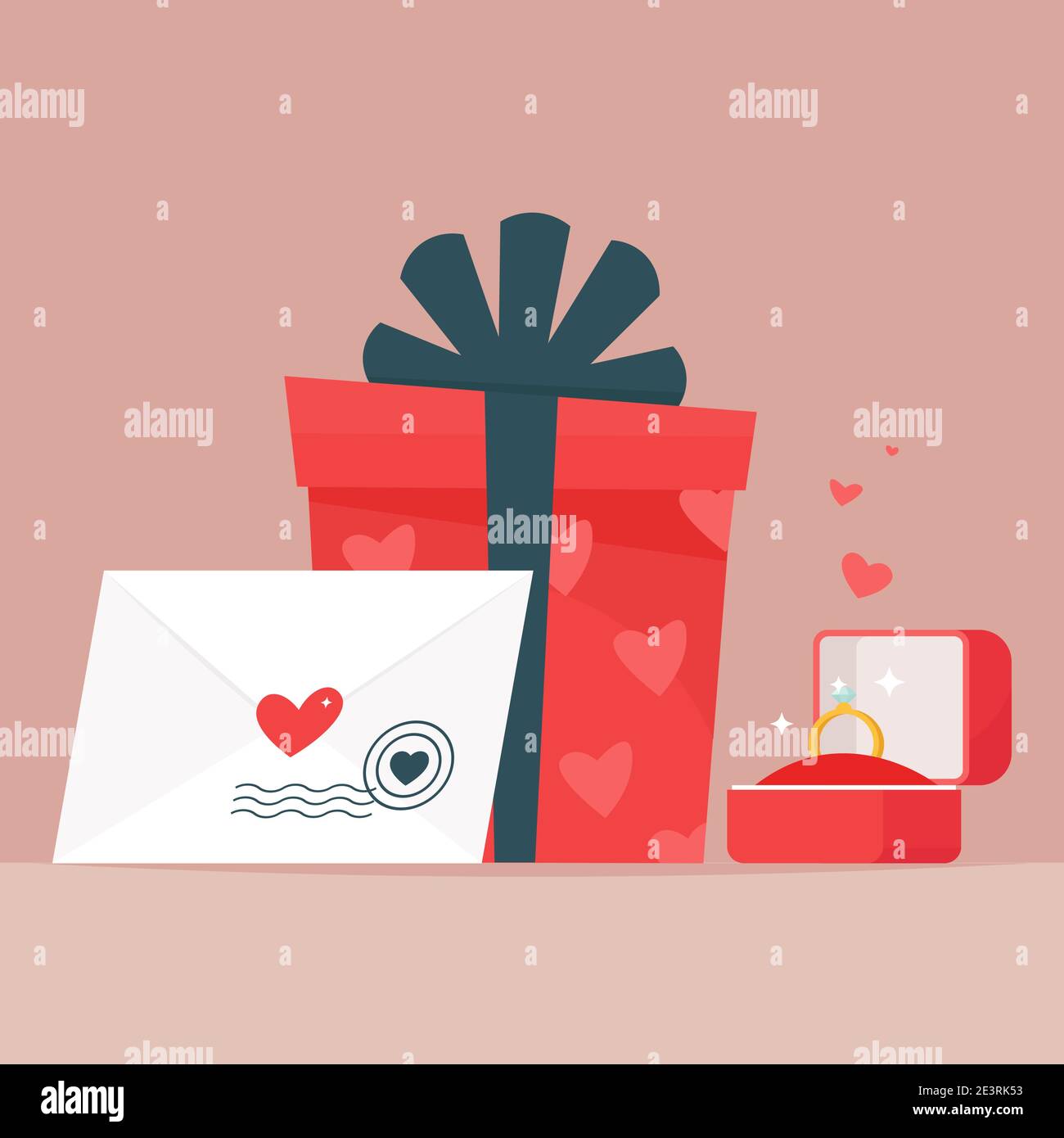 Present for a loved one on Valentine's Day - gift box, ring and envelope. Vector illustration in flat style Stock Vector