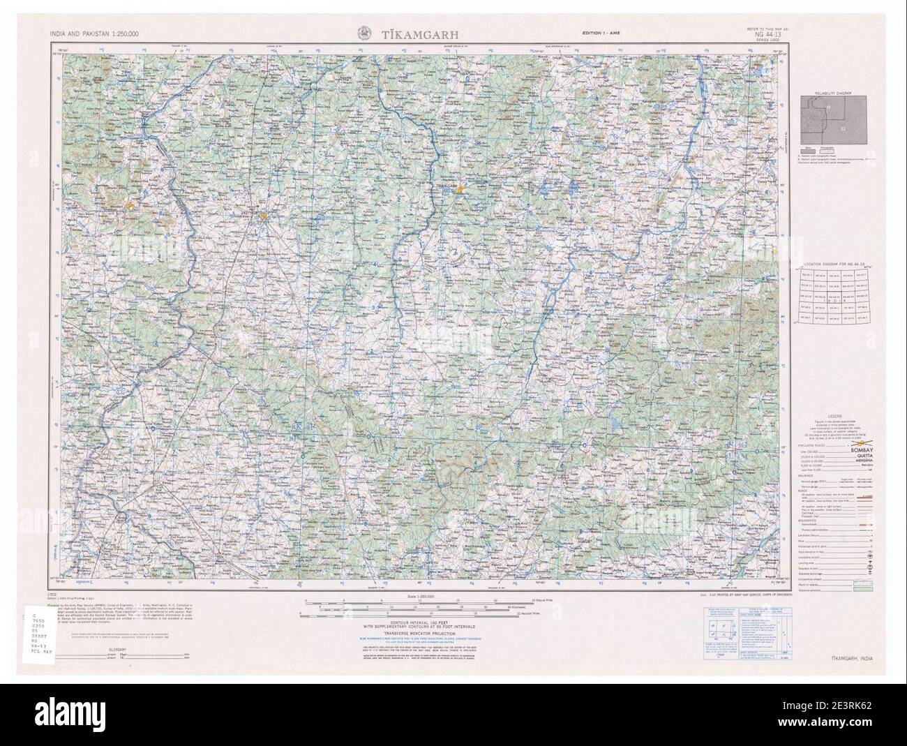 Map India and Pakistan 1-250,000 Tile NG 44-13 Tikamgarh. Stock Photo