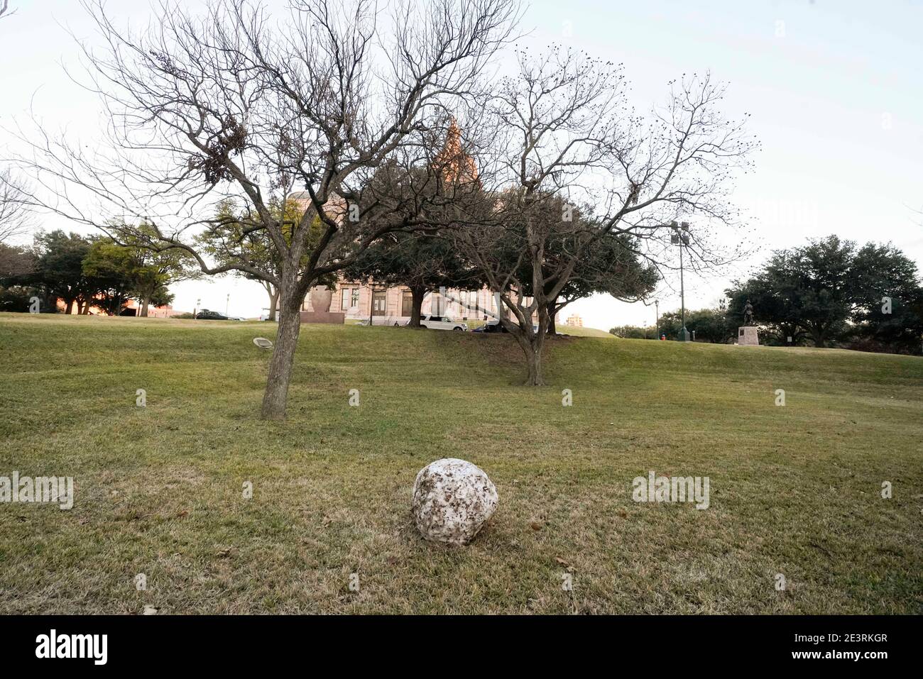 Austin, TX USA January 11, 2021:  A rare snowball slowly melts on the west lawn at the Texas Capitol the day after a freak snowstorm hits just prior to the 87th Legislature session of 2021. The two-foot thick snowball was probably made by a tourist reveling in a rare Austin snow event earlier in the week. ©Bob Daemmrich Stock Photo