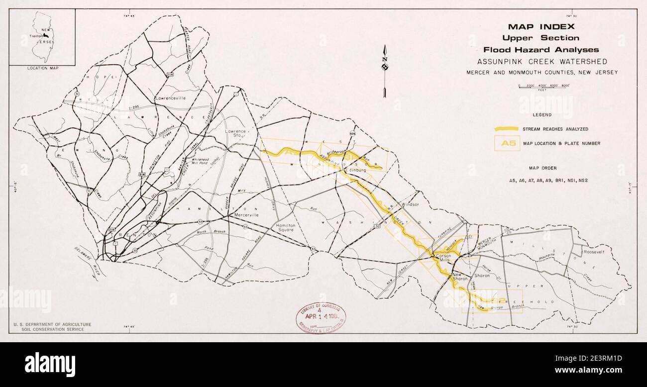 Map index, upper section, flood hazard analyses, Assunpink Creek