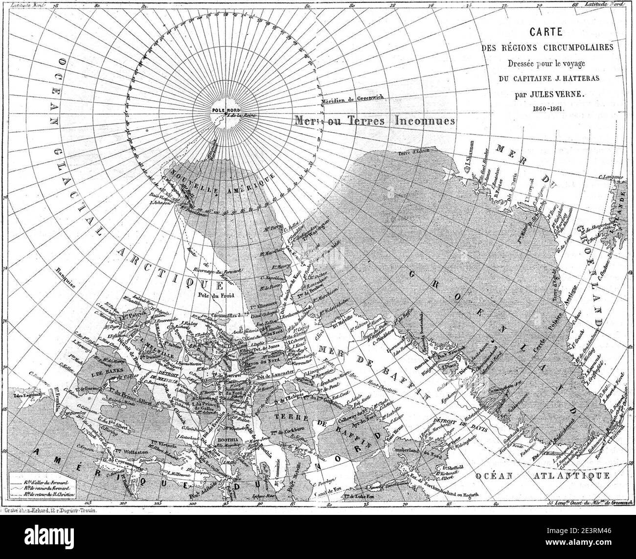 Map from Journeys and Adventures of Captain Hatteras by Jules Verne. Stock Photo