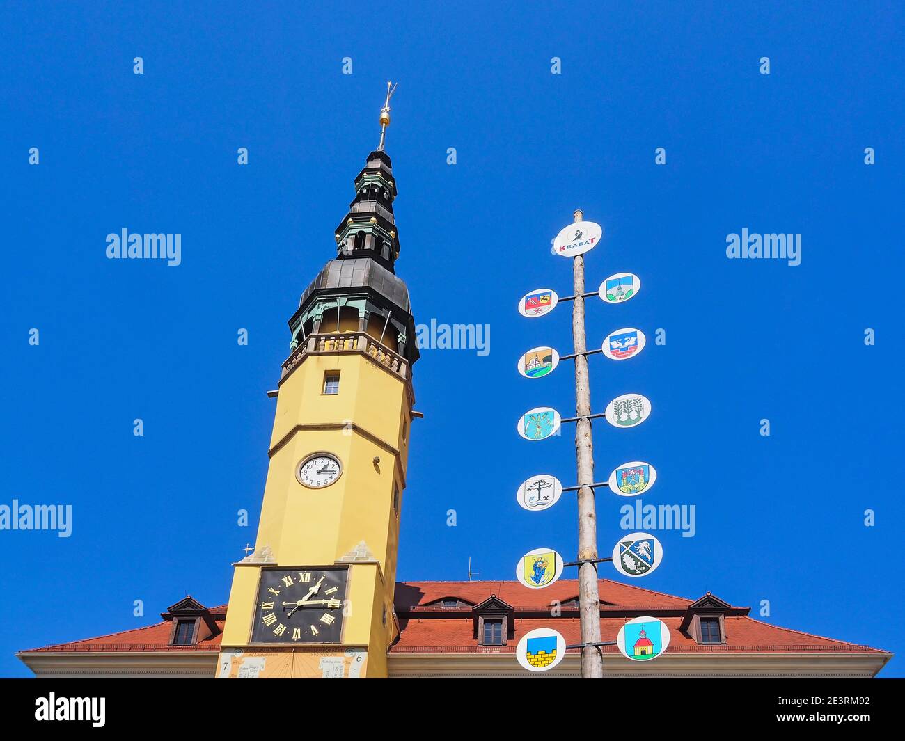 Bautzen, Saxony, Germany - 18 april 2018: tower of the town hall and maypole Stock Photo